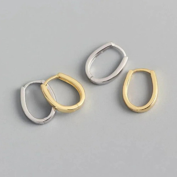 925 Sterling Silver Oval Hoop Earrings Gold - Picture 3 of 4